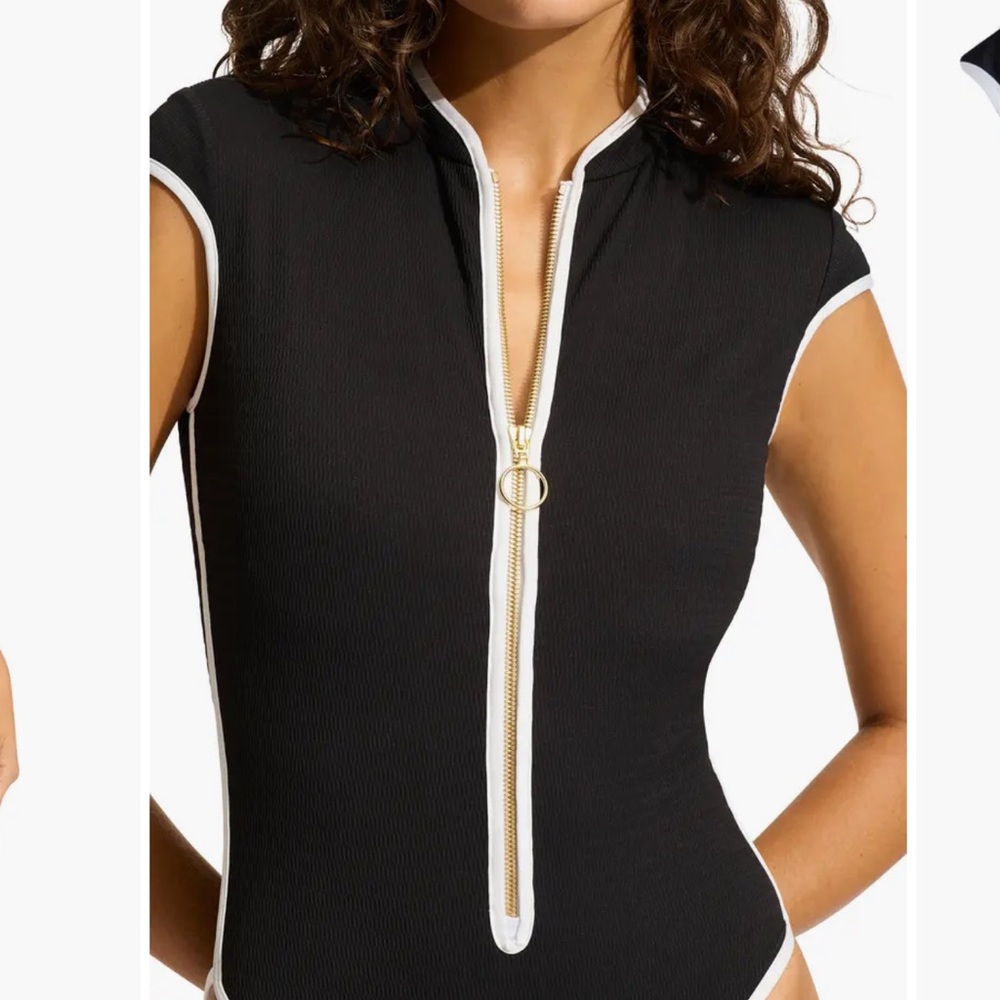 Seafolly Black One-Piece Zip Front Swimsuit with White Trim - Picture 2 of 6